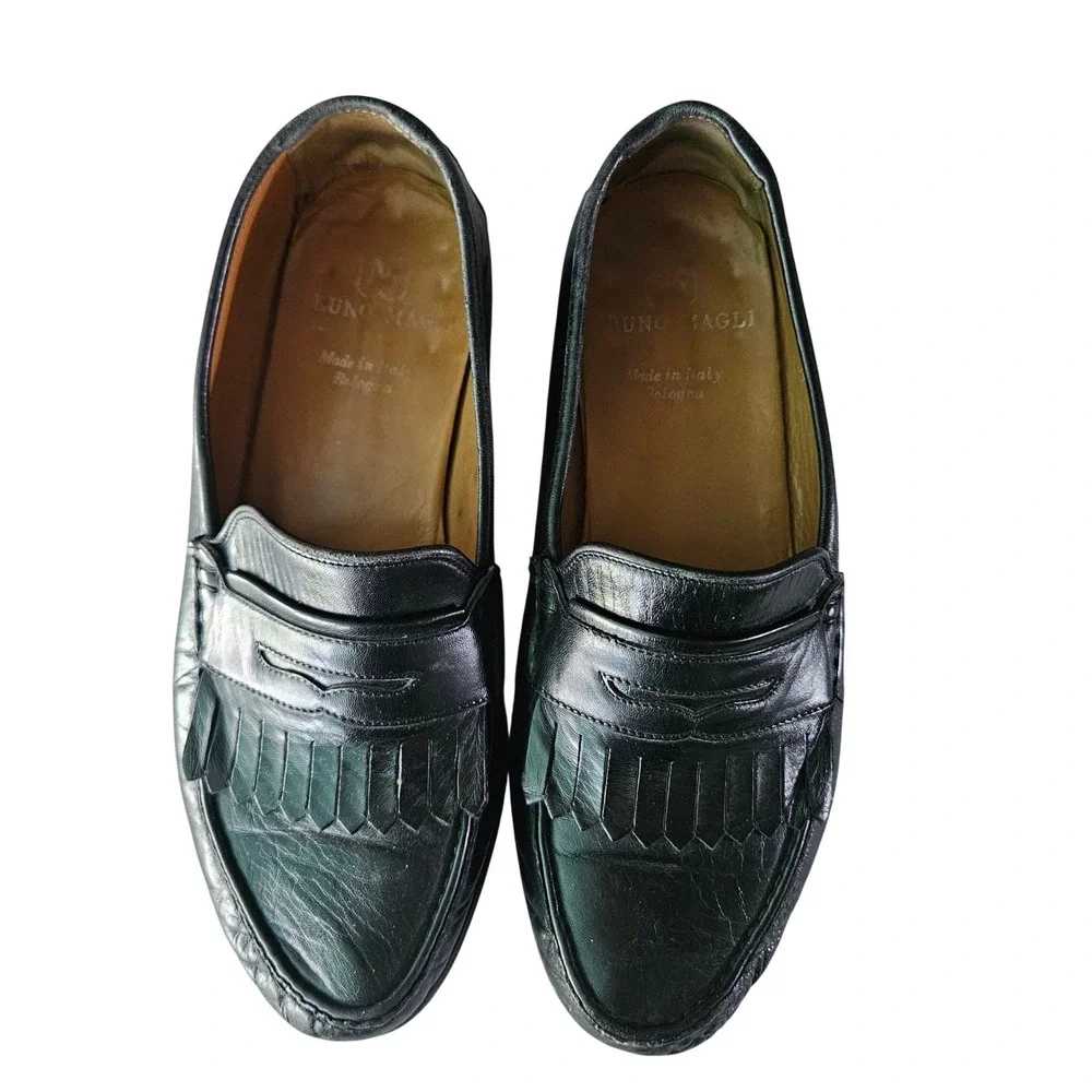 Bruno Magli Rico Mens Black Leather Kiltie Penny Loafers Made in Italy Size 8 W